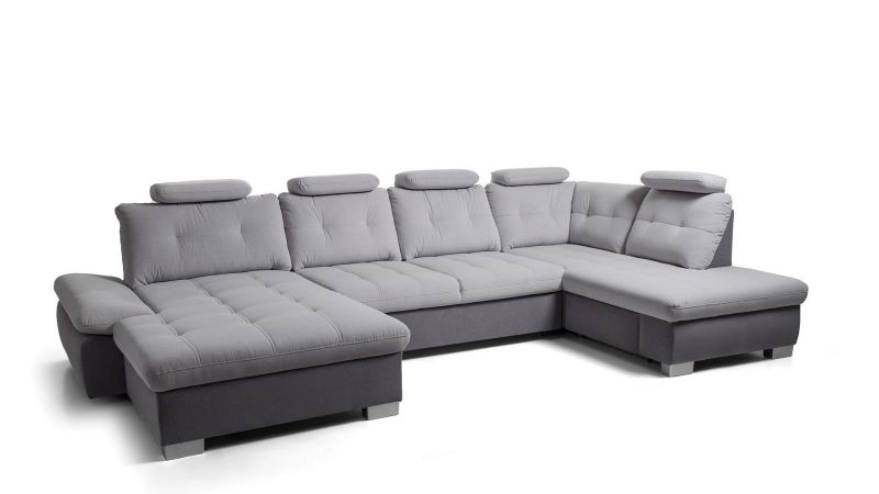 Canapé panoramique CARPENTRAS (méridienne gauche) convertible avec têtières inclinables et coffres de rangement gris bicolore