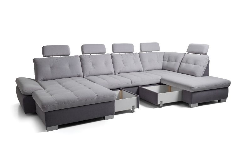 Sofa panoramique CARPENTRAS (méridienne gauche) convertible avec têtières inclinables et coffres de rangement