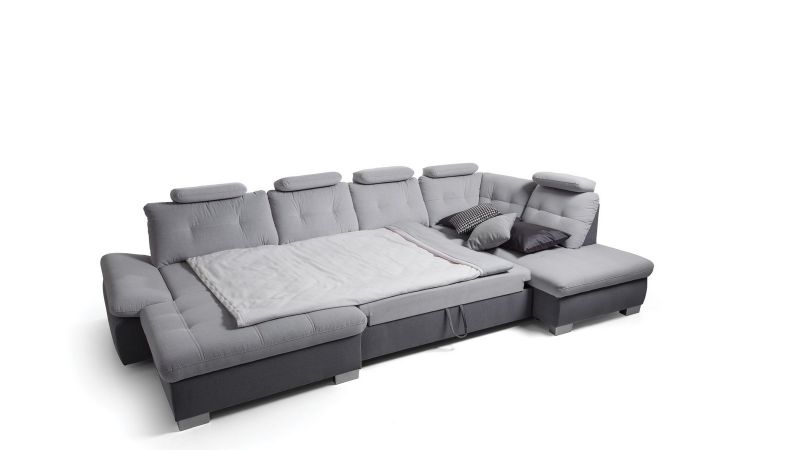 Divan panoramique CARPENTRAS (méridienne gauche) convertible avec têtières inclinables et coffres de rangement