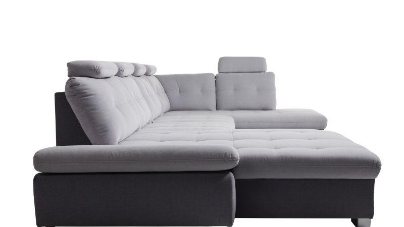Canapé panoramique CARPENTRAS (méridienne gauche) convertible avec têtières inclinables et coffres de rangement bicolore gris