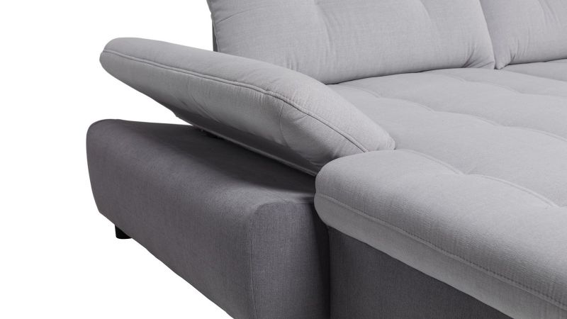 Divan accoudoirs panoramique CARPENTRAS (méridienne gauche) convertible avec têtières inclinables et coffres de rangement