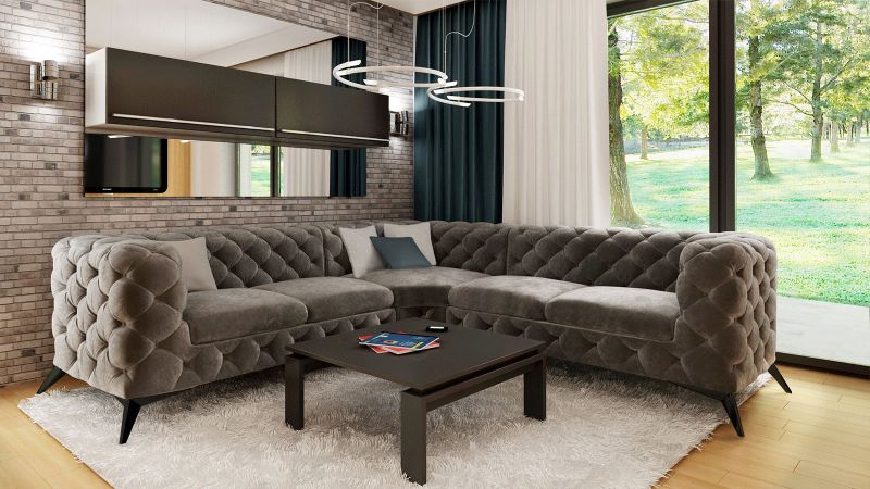 Canapé angles symétriques CASSIS design Chesterfield (2+2) avec pieds noir