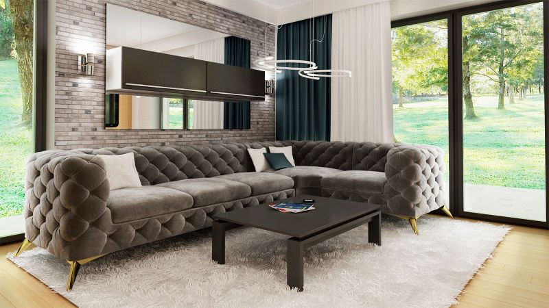 Canapé angle à droite CASSIS design Chesterfield (3+1) avec pieds or