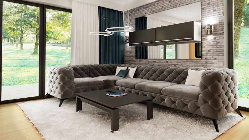 Canapé angle à gauche CASSIS design Chesterfield (3+1) avec pieds noir