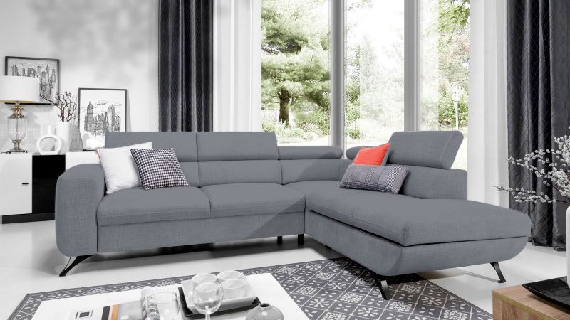 Canapé d'angle à droite AUBORD convertible avec coffre gris