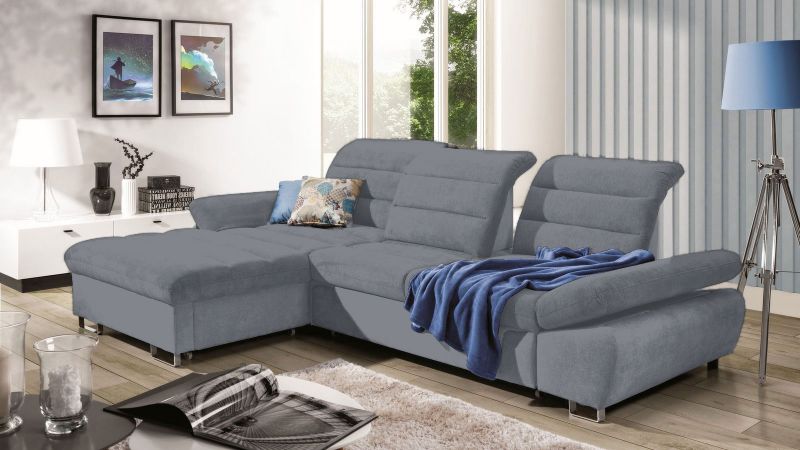 Canapé d'angle à gauche ROUSSILLON convertible avec assises coulissantes et coffre gris bleu