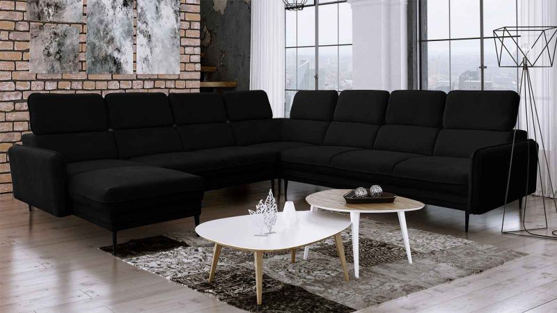 Canapé panoramique U JUVIGNAC méridienne gauche avec têtières noir
