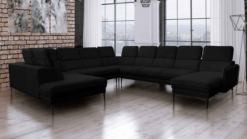 Canapé panoramique U JUVIGNAC Méridienne droite Terminal gauche avec têtières noir