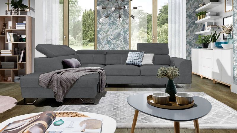 Canapé d'angle gauche AVEZE Terminal convertible avec têtière et coffre gris sidéral