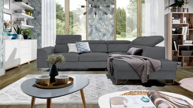 Canapé d'angle droite AVEZE Terminal convertible avec têtière et coffre gris ciment
