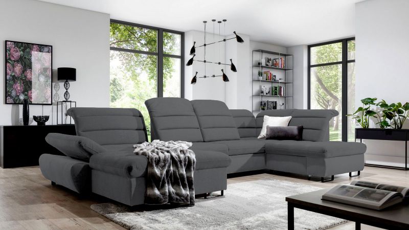 Canapé panoramique ROUSSILLON méridienne à gauche gris convertible avec assises coulissantes et coffre
