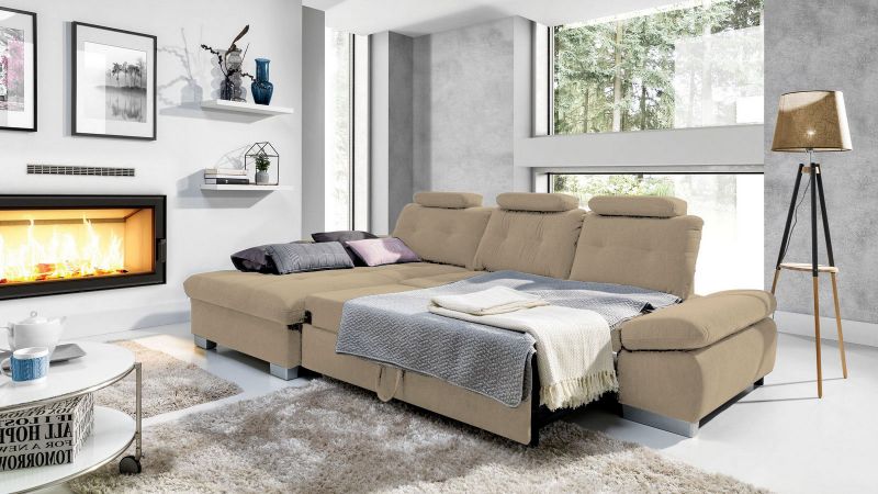 Divan d'angle gauche CARPENTRAS beige convertible avec coffre et 2 têtières