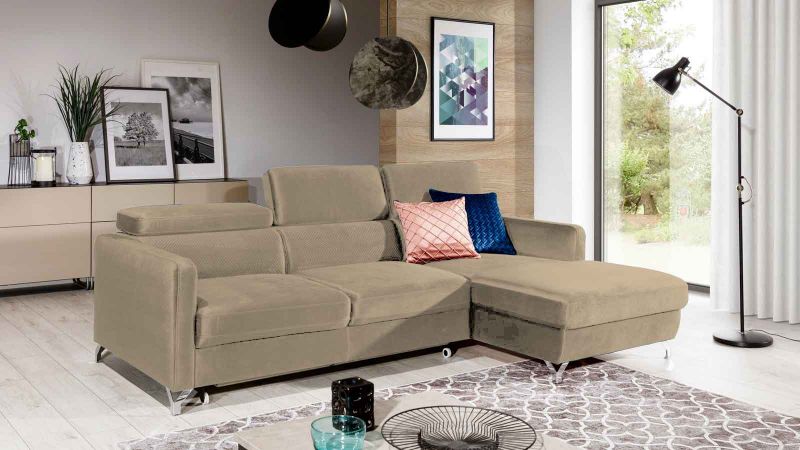 Canapé d'angle à droite MENDE MINI convertible et 3 têtières amovibles