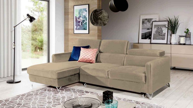 Canapé d'angle à gauche MENDE MINI convertible et 3 têtières amovibles