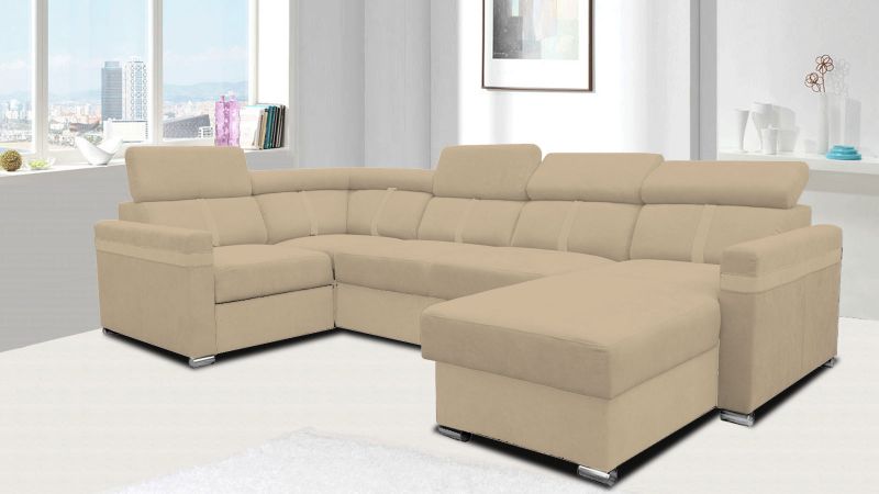 Canapé panoramique MALAGAS relax avec têtières réglables et coffre - méridienne à droite