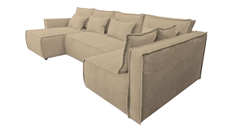 Canapé panoramique MANDUEL convertible couchage méridienne à gauche Terminal à droite beige noisette