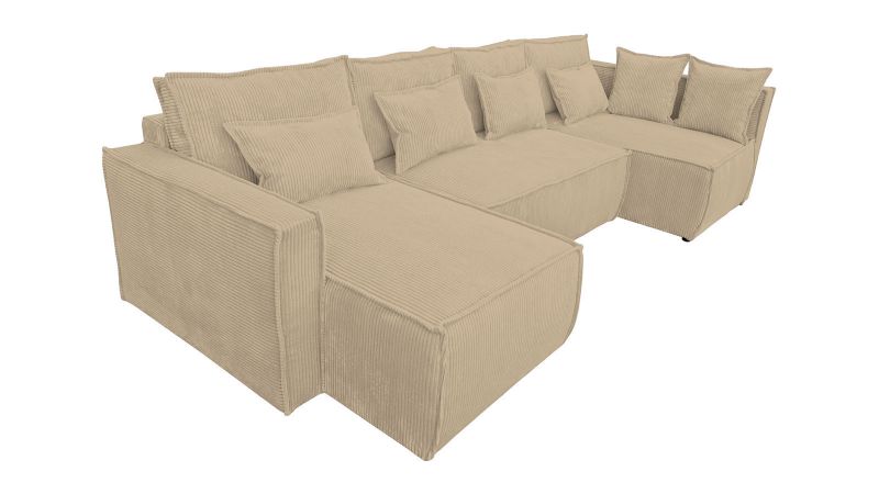 Canapé panoramique MANDUEL convertible couchage méridienne à gauche Terminal à droite beige clair