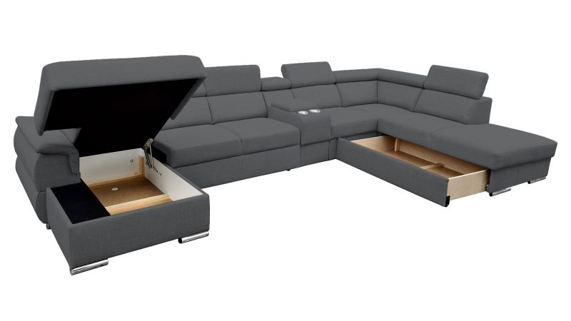 Canapé panoramique méridienne à gauche GARDON XL bar convertible avec coffre et têtières inclinables