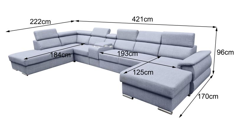 Canapé panoramique méridienne à gauche GARDON XL bar convertible avec coffre et têtières inclinables