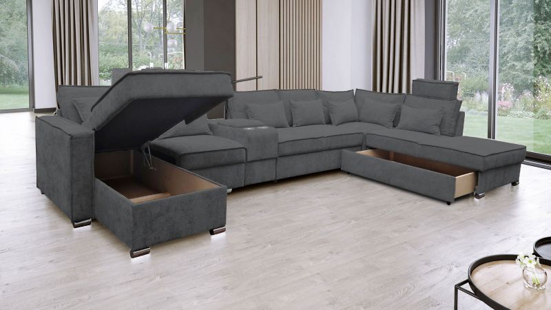 Canapé panoramique PALAVAS XL méridienne à gauche bar convertible avec coffre et têtières