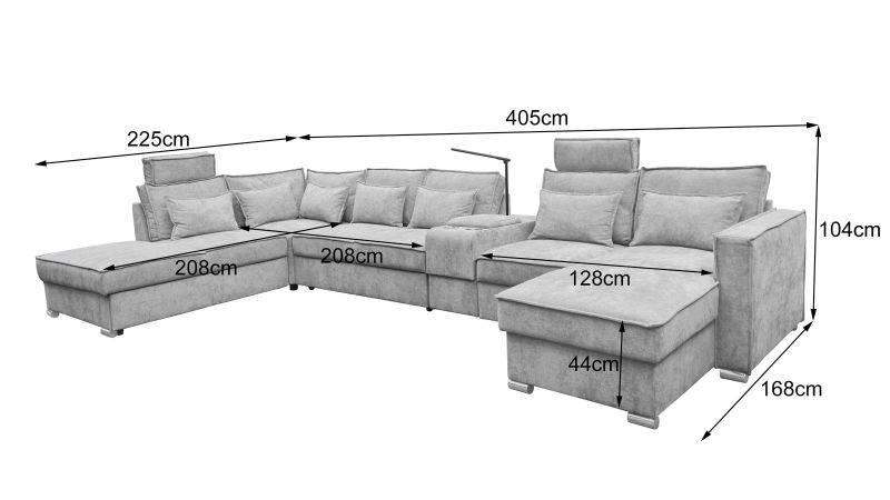 Canapé panoramique PALAVAS XL méridienne à gauche bar convertible avec coffre et têtières