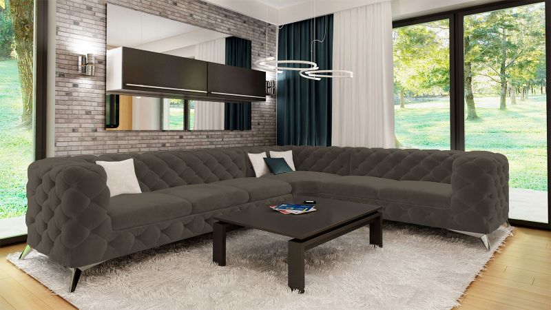 Canapé angle à droite CASSIS XL design Chesterfield (3 + 2 places) avec pieds argent