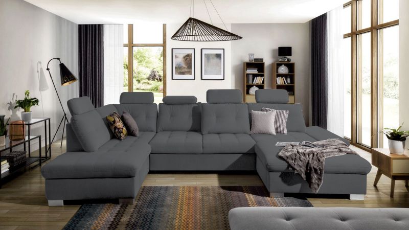Canapé panoramique CARPENTRAS (méridienne à droite) convertible avec têtières inclinables et coffres de rangement