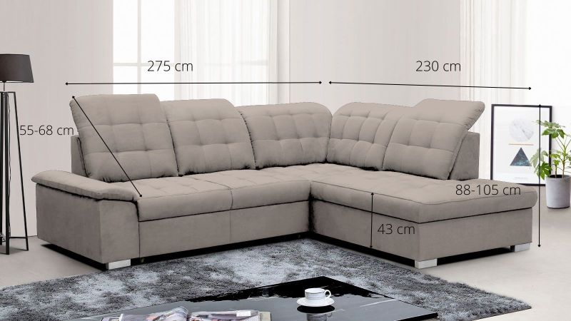 Canapé angle MONTPELLIER méridienne à droite avec dos avance - recule convertible avec coffre schéma