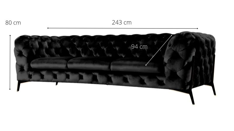 Canapé 3 places CASSIS BIS design Chesterfield avec pieds hauts noir schéma
