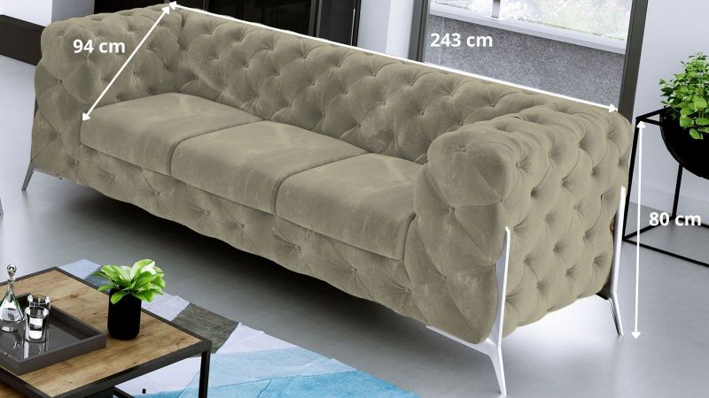 Canapé 3 places CASSIS BIS design Chesterfield avec pieds hauts argent schéma