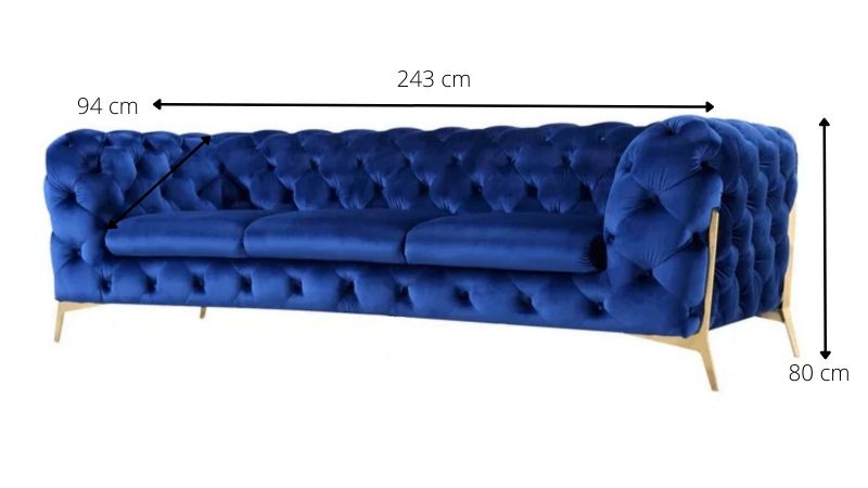 Canapé 3 places CASSIS BIS design Chesterfield avec pieds hauts or schéma