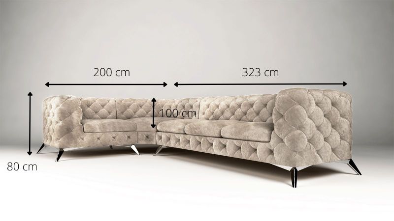 Canapé angle à gauche beige CASSIS design Chesterfield (3+1) avec pieds or schéma