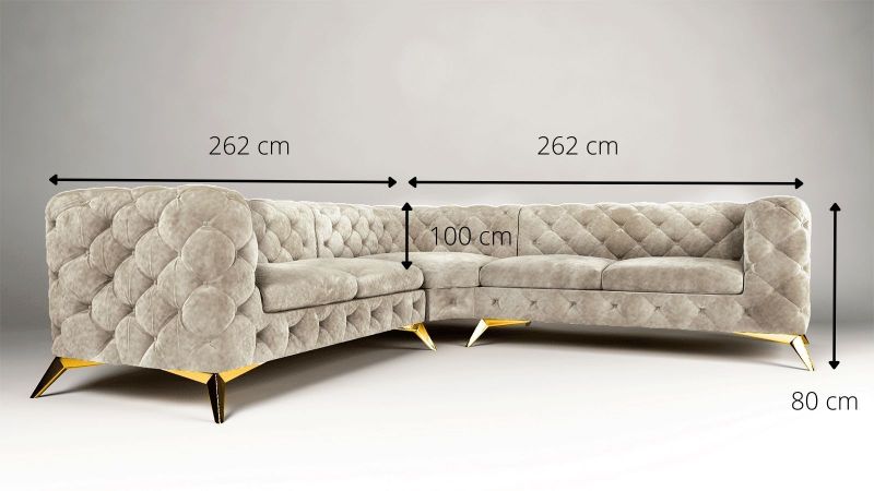 Canapé angles symétriques CASSIS design Chesterfield (2+2) avec pieds or schéma