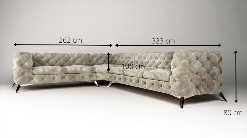 Canapé angle à gauche CASSIS XL design Chesterfield (3 + 2 places) avec pieds argent schéma