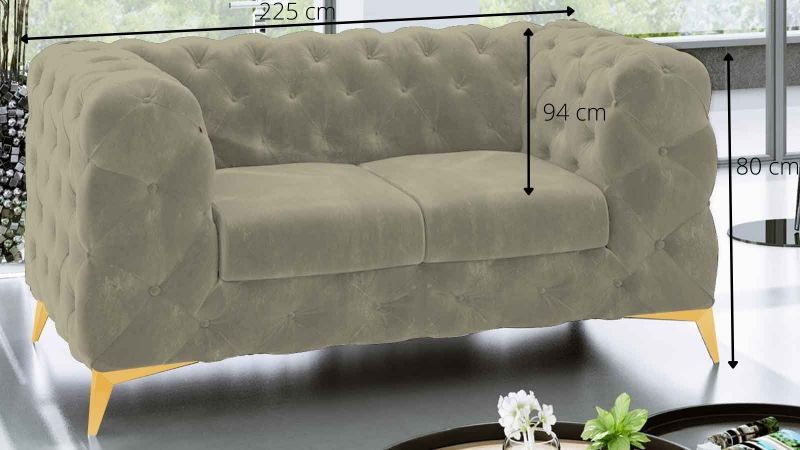 Canapé 2,5 places CASSIS design Chesterfield avec pieds or schéma