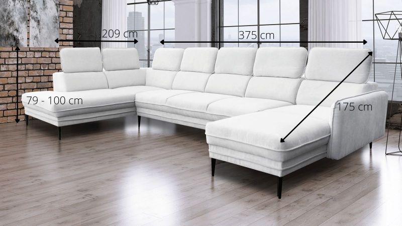 Canapé panoramique JUVIGNAC XL Terminal méridienne à droite avec têtières schéma
