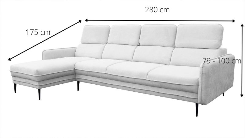 Canapé d'angle JUVIGNAC XL méridienne à gauche avec têtières schéma