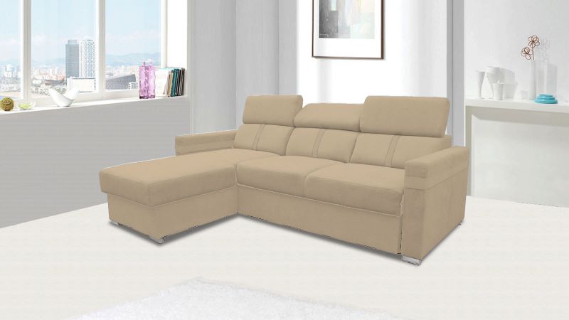 Sofa angle MALAGAS beige méridienne à gauche avec têtières réglables