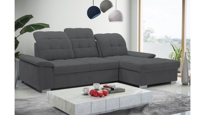 Canapé MONTPELLIER méridienne à droite avec dos avance - recule convertible avec coffre gris