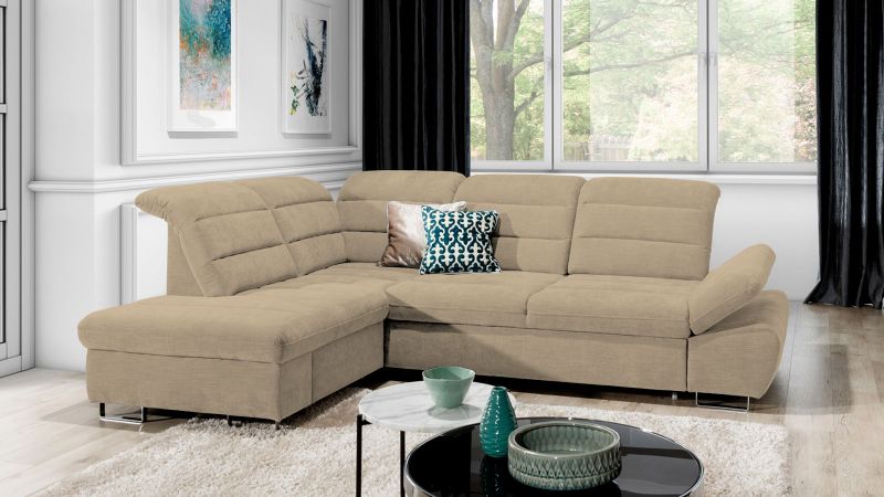 Canapé d'angle à gauche ROUSSILLON Terminal convertible avec assises coulissantes et coffre beige