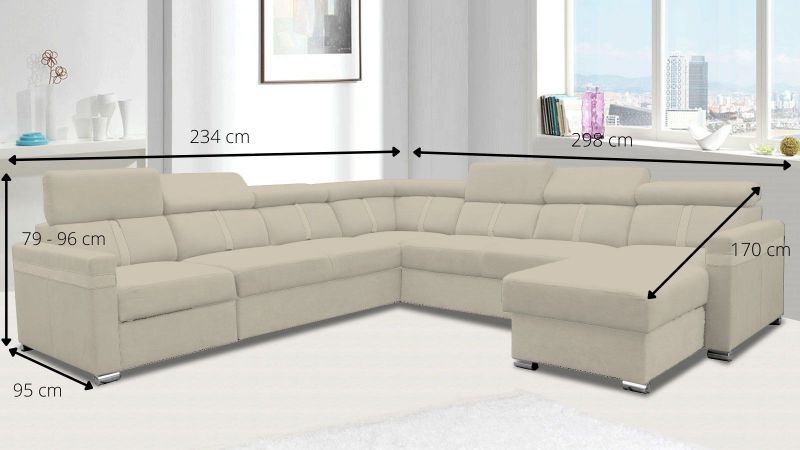 Canapé panoramique MALAGAS XL relax convertible méridienne à droite avec têtières réglables schéma