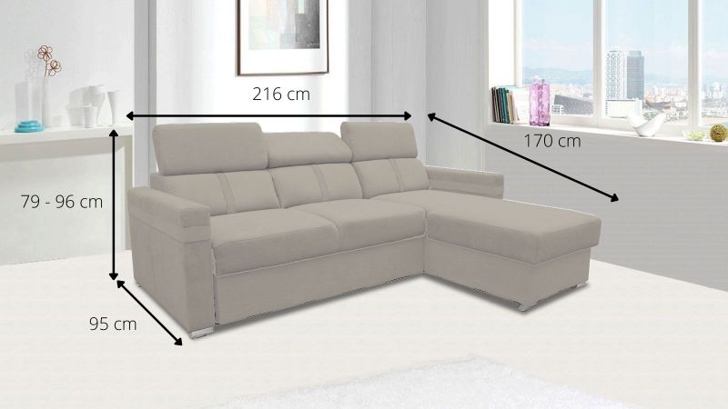 Canapé angle MALAGAS méridienne à droite avec têtières réglables schéma