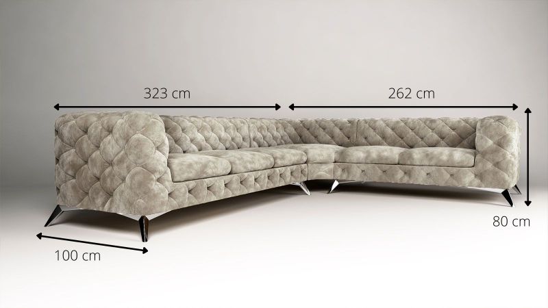 Canapé angle à droite CASSIS XL design Chesterfield (3 + 2 places) avec pieds argent schéma