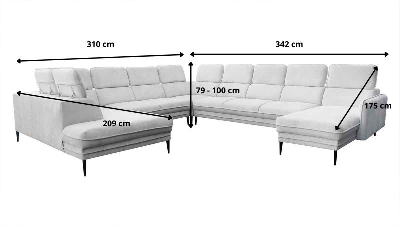 Canapé panoramique U JUVIGNAC Méridienne droite Terminal gauche avec têtières schéma