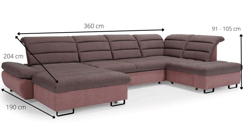 Canapé panoramique ROUSSILLON méridienne à gauche convertible avec assises coulissantes et coffre schéma