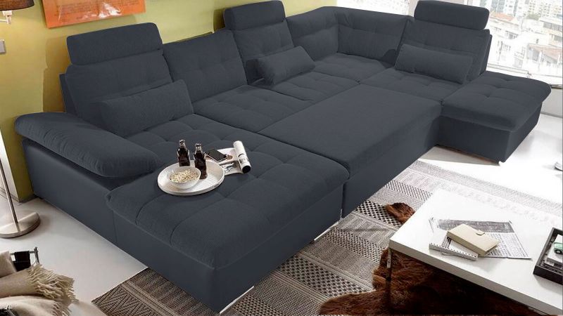Sofa MAUGUIO panoramique convertible méridienne à gauche gris anthracite - antitache déplié