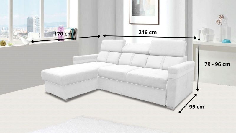 Dimensions canapé angle MALAGAS méridienne à gauche avec têtières réglables schéma
