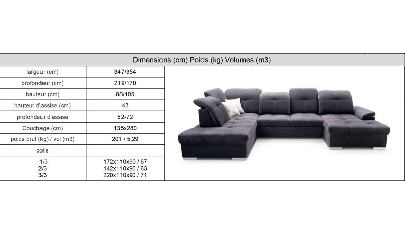 Canapé panoramique MONTPELLIER méridienne à gauche avec dos avance - recule