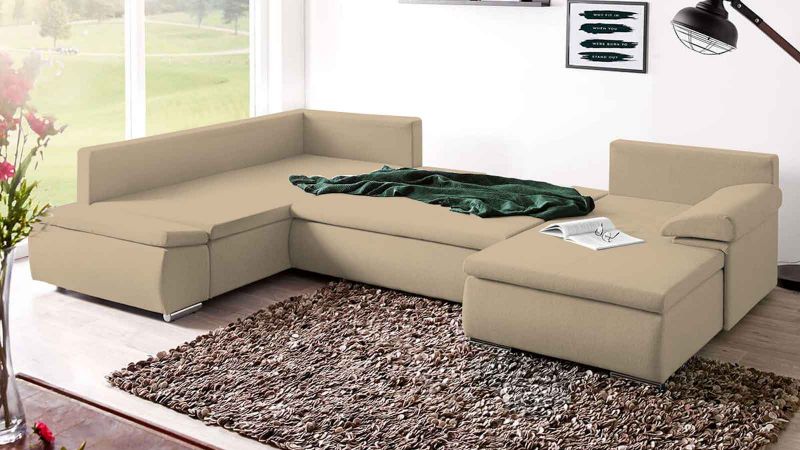 Canapé panoramique ALBI méridienne à droite convertible avec coffre - GAMME PROMO