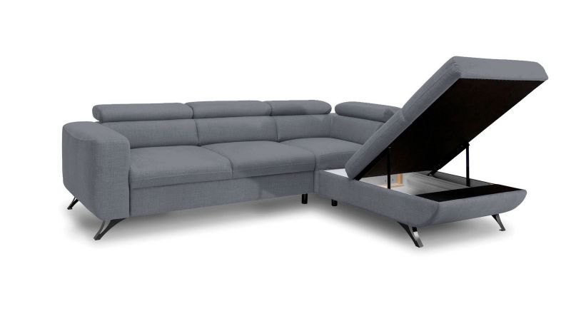 Canapé d'angle à droite AUBORD convertible avec coffre gris acier
